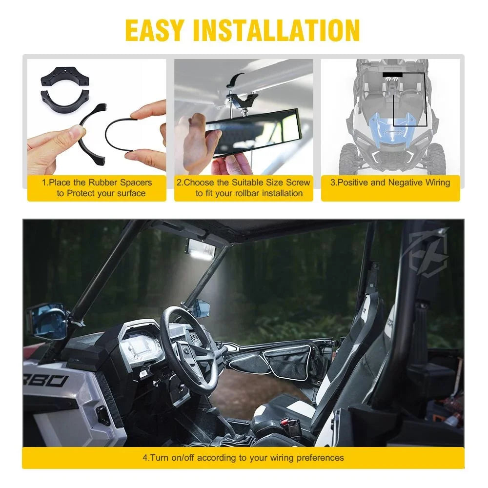 Aluminum - LED Integrated 9" Mirror fits Dome Rollbars UTV w/ 2" 1.75" View Rear Lights Xprite