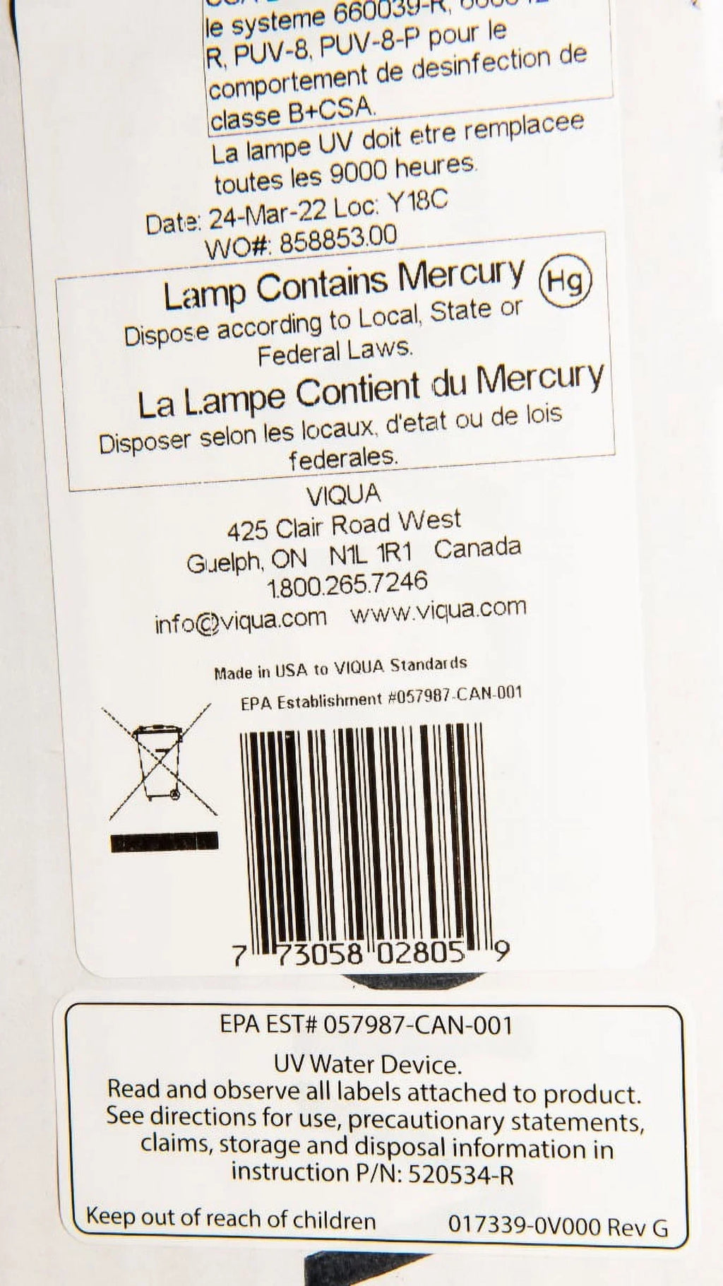 Lamp D4+, Models D4, for 602805 Premium D4 Systems Viqua Replacement UV