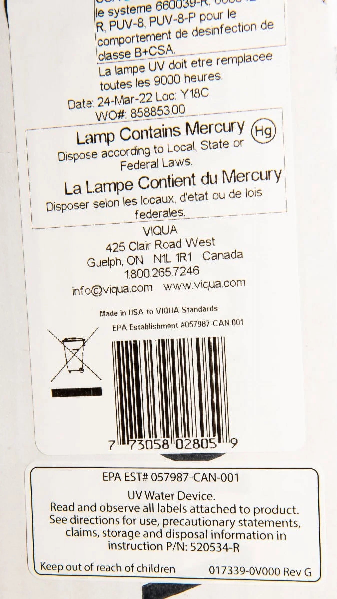 Lamp D4+, Models D4, for 602805 Premium D4 Systems Viqua Replacement UV