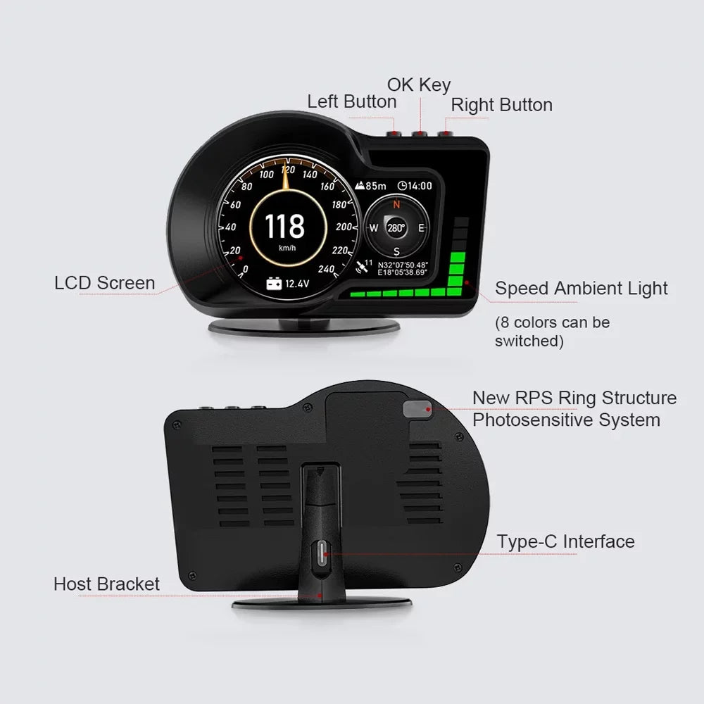 & Oil Speedometer, Display for Temperature Monitoring: Moobody Speed Car Water Head-Up RPM, Clock,