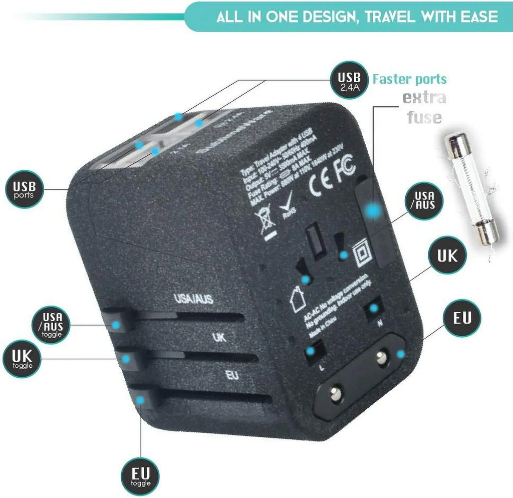 Power - Italy USB 150+ Adapters China - Ireland 2.4A (SandBlack) Sublimeware Travel UK - Plug European Europe America Adapter by for 4 Charging for Adapter for Travel Countries International Smart
