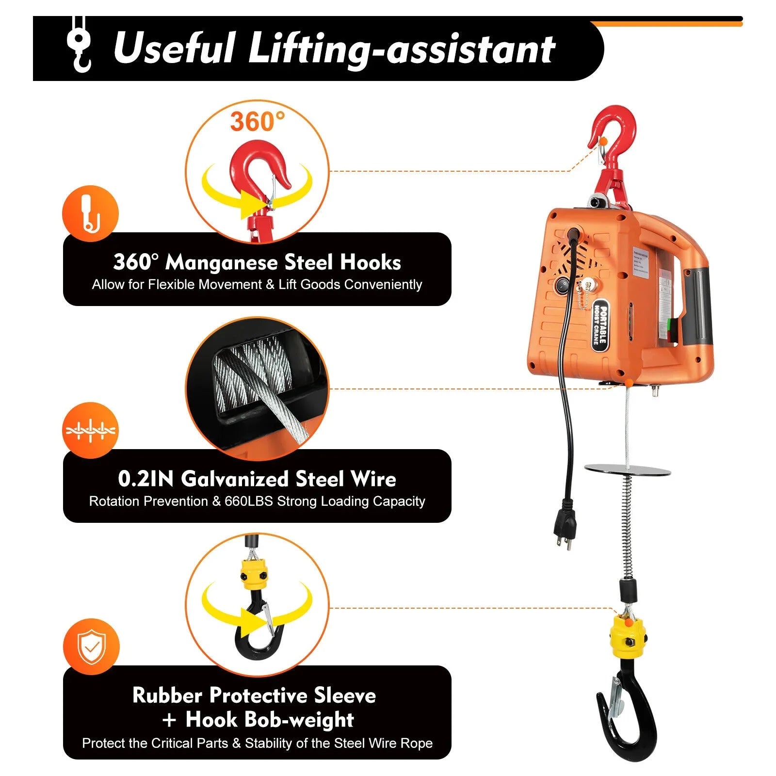 300kg/660 lbs Crane Winches W/ Electric Lift Hoist 3-in-1 Portable Remote Winch