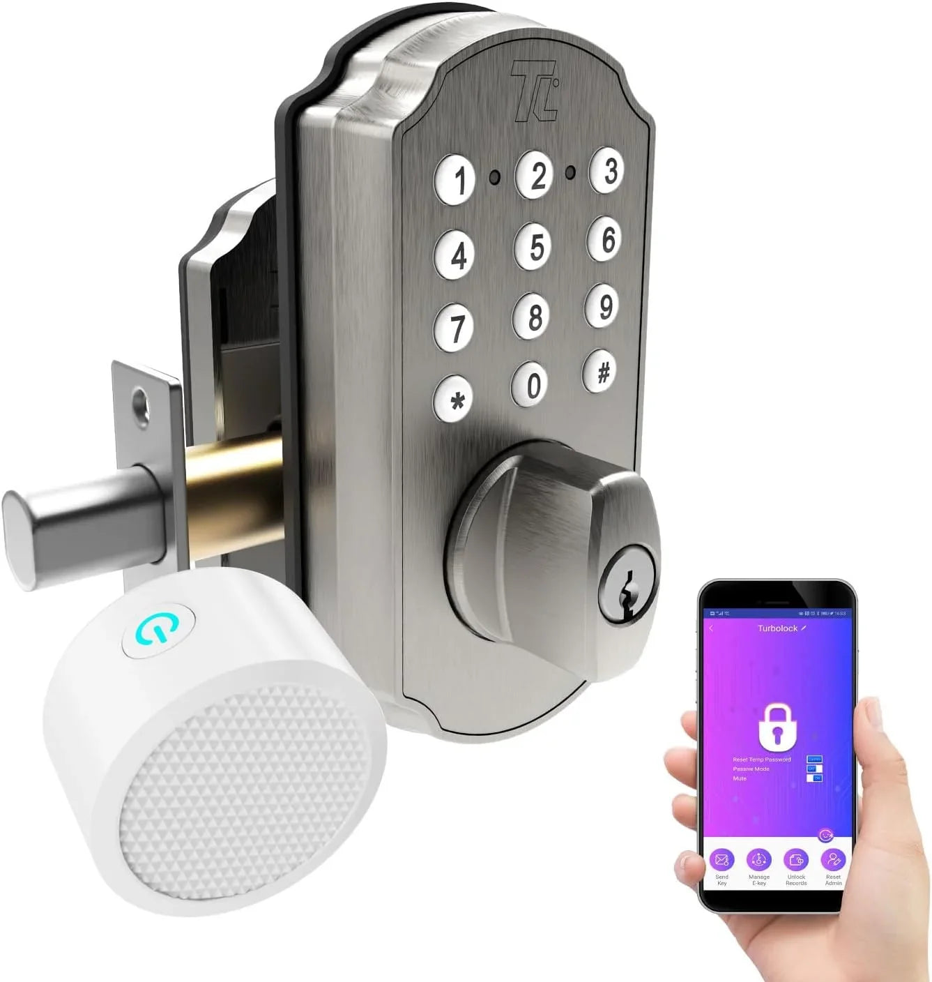 Smart Keypad for App Electronic Brushed Door Mobile with TL115 Nickel Entry Keyless Lock Deadbolt Door TurboLock Home Front