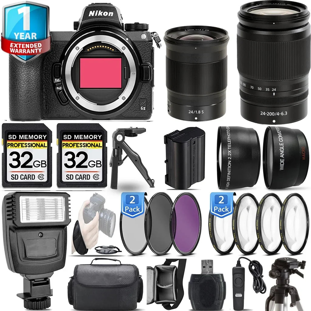 Z6 Mirrorless S f/4-6.3 24-200mm Flash Nikon VR 64GB Camera 24mm Kit + Lens with + + f/1.8 II Lens