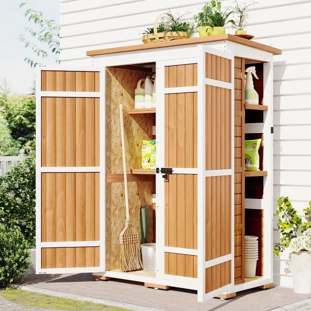 Garden Asphalt Roof, Storage Shelves, Multiple-tier L Waterproof Outdoor Natural 5.5ft Shed, Wood Cabinet Lockable Four with Tool Doors, Hx4.1ft