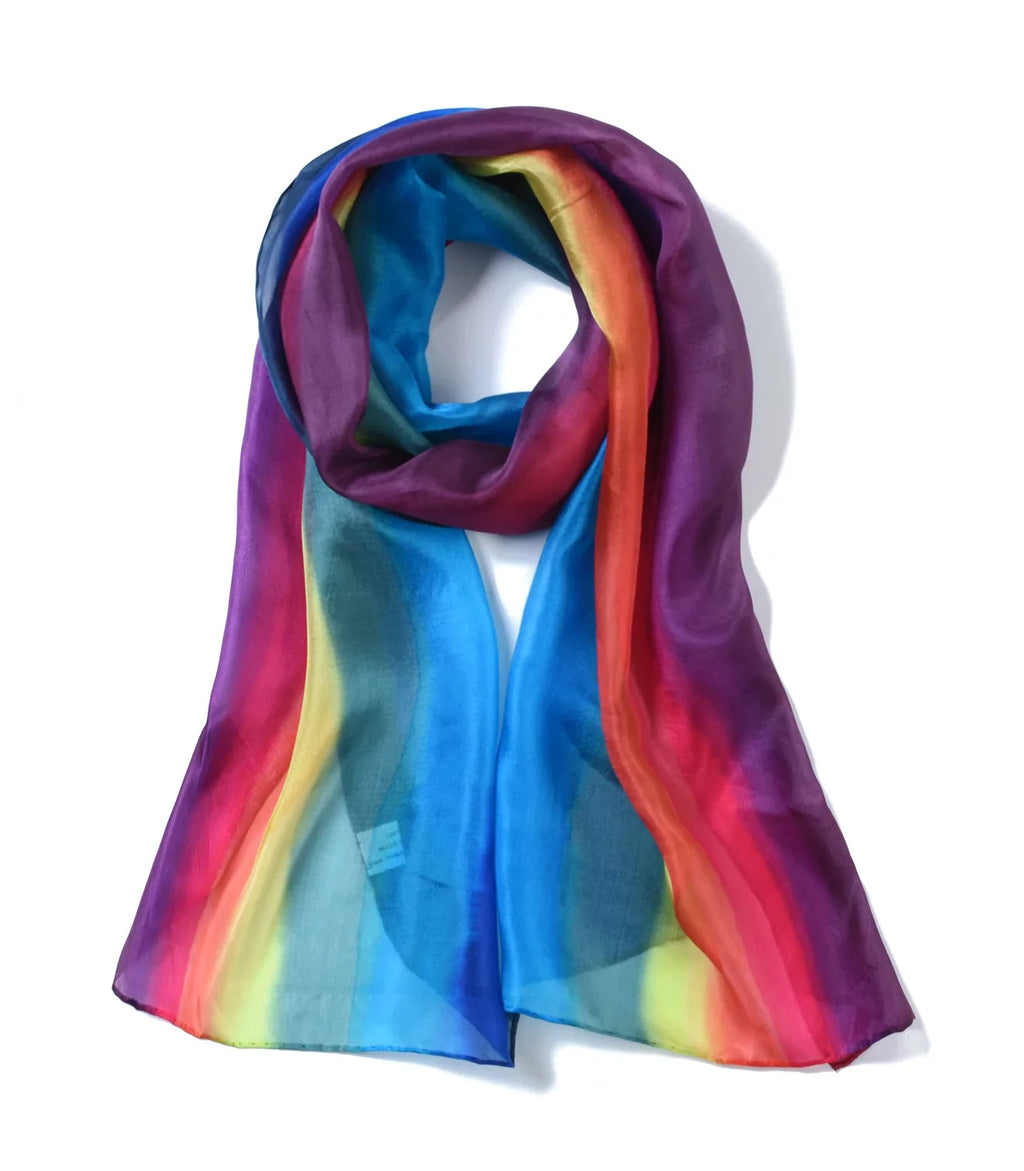 Silk Scarf Women's 100% Long Rainbow World Invisible Hand Painted Mulberry