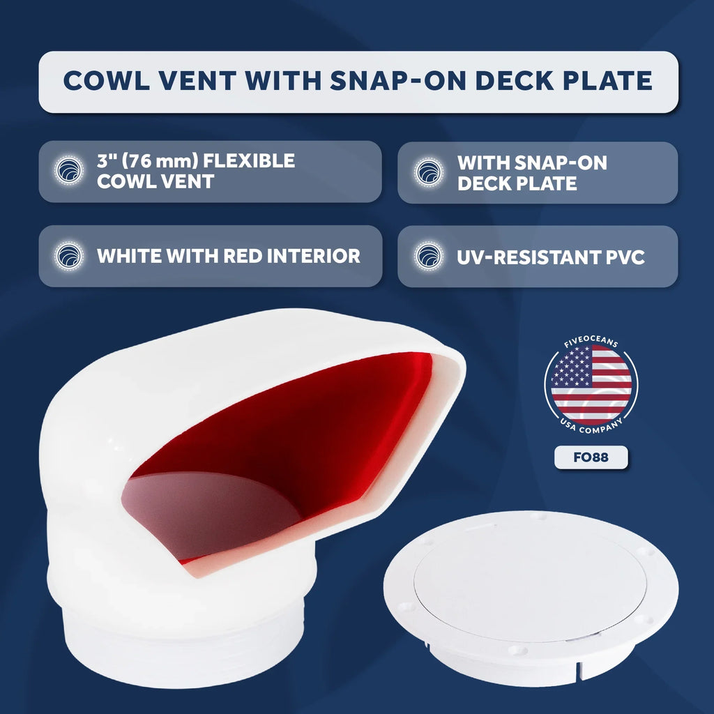 for Snap-On Interior, UV-Resistant 3-Inch or Deck Low Plate Profile Red Five Air Cowl FO88 Cover, Oceans Vent with PVC, Cabin Intake Flexible and Ventilation- and