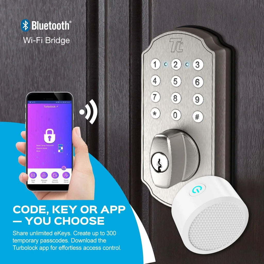 Smart Keypad for App Electronic Brushed Door Mobile with TL115 Nickel Entry Keyless Lock Deadbolt Door TurboLock Home Front